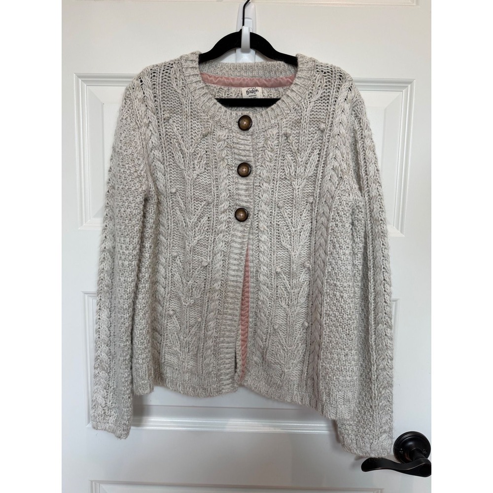 Mini Boden Girls Oatmeal Cable Knit Cardigan Velvet Trim Sweater Size 11-12Y